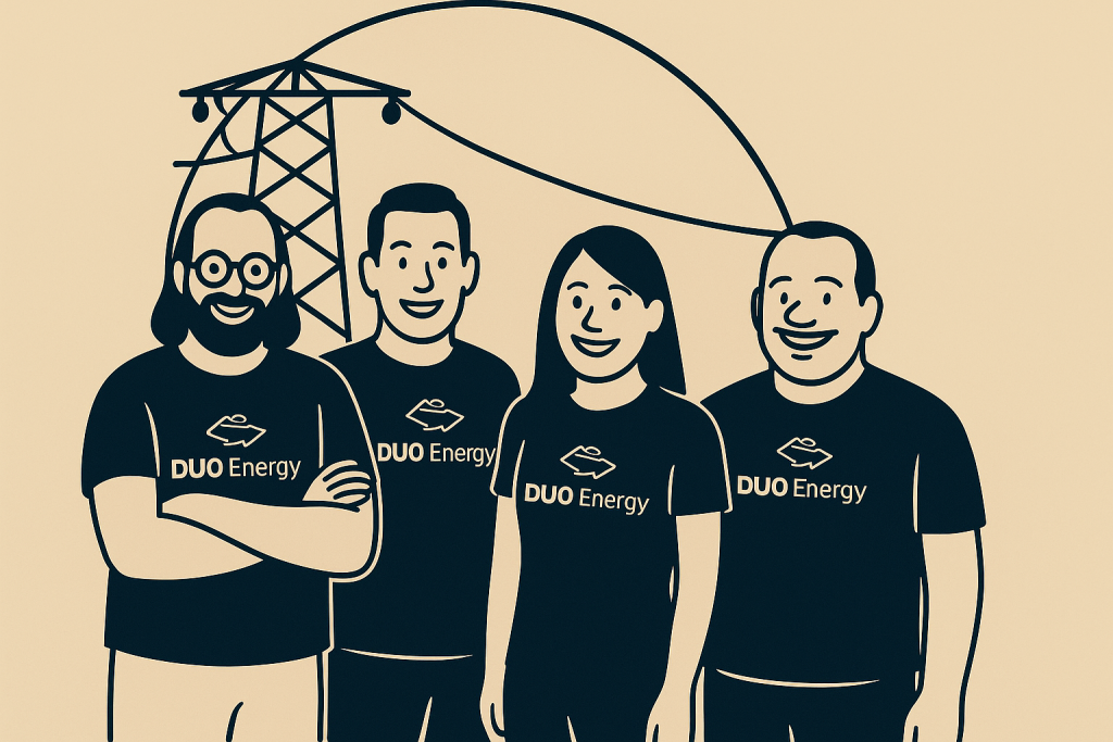 Ilustração em estilo minimalista da equipe da DUO Energy com camisetas personalizadas, posando à frente de uma torre de energia elétrica.
